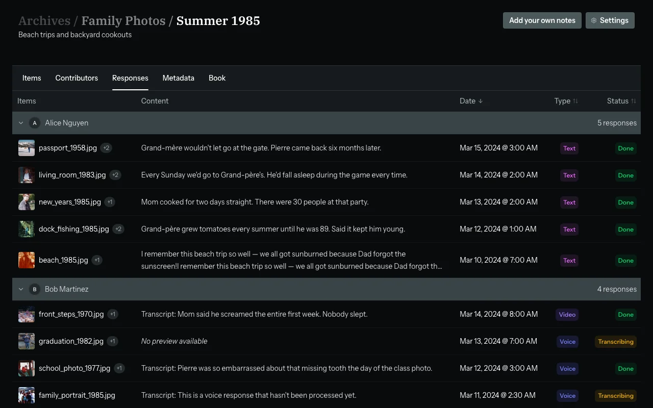 Responses view showing extracted names, roles, and context per photo